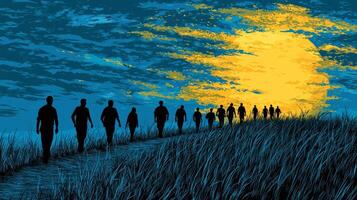 conceptual illustration depicts fork in road where one path is busy group walking together while other features solitary figure photo
