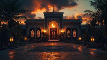 stunning entranceway showcases traditional Ramadan decor featuring ornate lanterns floral garlands and crescent moon wreath all warmly illuminated sunset creating festive atmosphere photo