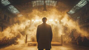 atmosphere is charged anticipation as spectators gather for boxing night highlighted dramatic spotlights and swirling smoke envelop ring photo