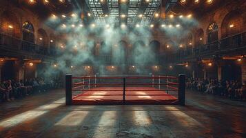 boxing ring stands illuminated in center of dimly lit hall surrounded engaged audience. Rays of light pierce through smoke creating captivating ambiance for night photo
