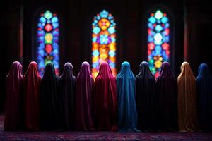 Synchronized movements of Muslim women in vibrant abayas and headscarves create beautiful display of unity as they engage in prayer during Eid al Fitr celebration in mosque photo