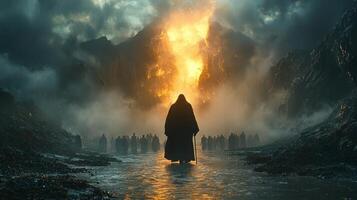 Moses stands his staff extended parting Nile's waters for Israelites. Towering walls of water reflect divine light as people proceed in awe and gratitude illuminated sun photo