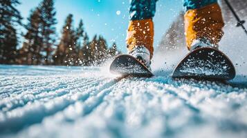 professional biathlete glides over fresh powder on snowy mountain track showcasing speed and focus. Snowflakes swirl around as towering pine trees stand against crisp winter sky photo