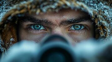 Close up of biathlete's eyes focused through rifle scope. Frost clings eyelashes capturing intensity of sport amidst cold winter surroundings photo