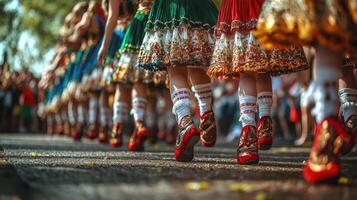 Irish step dancers showcase their energetic moves in embroidered dresses and kilts St Patricks Day parade captivating enthusiastic crowd their rhythm and grace photo