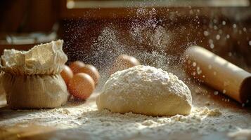 In warm kitchen baker kneads dough dusted flour. Fresh eggs and home milled flour await beside rising loaf while sunlight brightens rustic scene photo