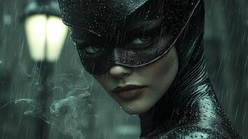 Dressed in sleek black leather mask cat like features dominant woman stands confidently dimly lit streetlamp enhanced cigarette smoke in mysterious atmosphere photo