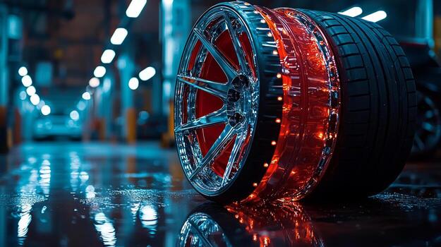 unique geolocation pin is designed using steering wheels tires and rims illuminated high contrast lighting highlighting sophistication of premium car dealership photo