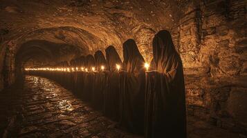 Hooded figures stand in circle each holding candle in dimly lit temple. flickering light casts shadows on ancient stone walls enhancing mysterious atmosphere of gathering photo