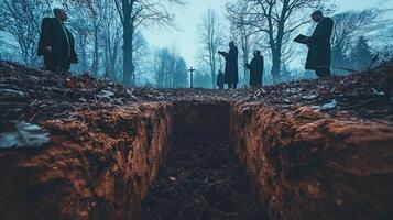 low angle shot captures freshly dug burial pit mourners visible above. priest in black reads last rites as solemn atmosphere envelops scene photo