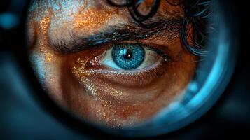 person gazes deeply into mirror encountering shadowy and distorted version of themselves. eerie glow in reflection conveys hidden truths and self awareness photo