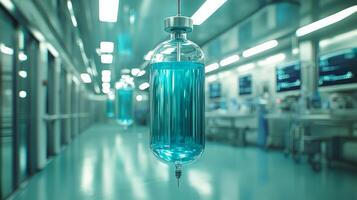 High tech hospital room features IV drip filled glowing blue liquid reflecting advanced medical technology and techniques within clinical setting photo