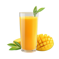 mango juice with mango slices and leaves on transparent background png