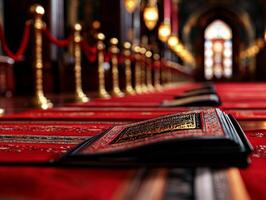 Rows of vibrant prayer mats open Mushaf line floor of mosque inviting worshippers for Eid al Fitr prayers. Intricate designs adorn walls enhancing spiritual atmosphere photo