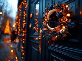 beautifully crafted wreath featuring dried flowers and golden crescent moons hangs on dark wooden door illuminated fairy lights creating festive atmosphere for Ramadan photo