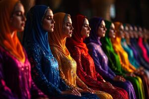 group of Muslim women dressed in vibrant abayas and headscarves pray in unity inside mosque highlighting their devotion during Eid al Fitr celebration photo
