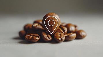 modern composition features geolocation pin crafted from glossy coffee beans set against clean white background highlighting deep brown color and contemporary cafe aesthetic photo