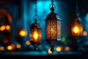Hanging Moroccan lanterns illuminate surroundings warm light casting intricate patterns on walls against serene deep blue evening backdrop evoking festive atmosphere photo