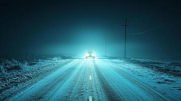 Cruising down lonely road night quick black car captures thrill of solitude. headlights cut through darkness revealing empty path ahead photo