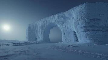 Translucent blue ice forms stunning bridge across vast glacier shimmering in soft glow of northern lights. extreme cold enhances ethereal quality of natural wonder photo