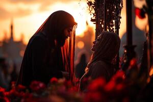 young Muslim couple dressed in matching abaya and thobe gazes each other warmly while standing on beautifully carved wooden bridge as sun sets creating romantic atmosphere photo