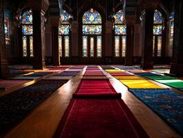 Inside mosque prayer mats are neatly arranged open Mushaf inviting worshippers recite. Intricate Islamic designs adorn vibrant walls highlighting significance of Eid photo