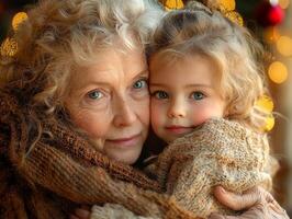 grandmother lovingly holds her granddaughter's face both smiling warmth. Soft festive decorations create cheerful atmosphere celebrating family unity and tradition photo