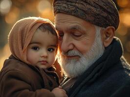 elderly Muslim man holds small orphaned child in his arms both smiling affection soft sunlight embodying love and care during festive gathering photo