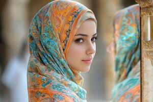 In intimate moment young Muslim woman elegantly adjusts her colorful hijab while standing before ornate mirror illuminated soft natural light enhances her delicate features photo