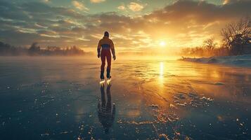 speed skater practices on vast icy lake surrounded snow covered terrain. winter sun casts golden hue enhancing vibrant colors of skater's suit photo