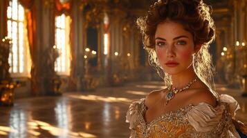 once elegant noblewoman sits gracefully in opulent abandoned ballroom her intricate gown adorned jewels. Dust floats in light streaming through cracked stained glass windows photo