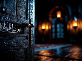 Handcrafted Arabic calligraphy adorns wooden structure beautifully illuminated small lanterns setting mood for Eid al Fitr gatherings filled joy and family traditions photo