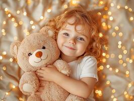 joyful child hugs soft teddy bear tightly after unwrapping it surrounded glowing festive lights add magical atmosphere of Eid celebration photo