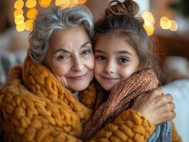 grandmother tenderly holds her granddaughter's face both beaming happiness. background features soft festive decorations creating warm atmosphere for their Eid al Fitr celebration photo