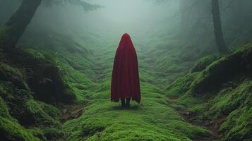 Amidst ancient stone walls shrouded in moss cloaked figure stands misty crossroads in enchanting forest contemplating best path follow photo