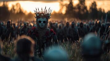 In open field towering wicker figure adorned flowers draws crowd dressed in traditional attire as offerings are placed its base during spring pagan festival photo
