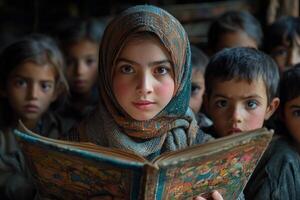 Muslim woman in hijab reads storybook captivated group of orphaned children their faces reflecting curiosity and delight during cultural gathering photo