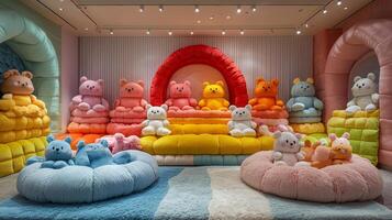 unique geolocation pin made from vibrant plush toys and teddy bears stands out against pastel background creating delightful atmosphere reminiscent of children's toy store photo