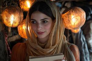 Over shoulder view captures mother smiling emotion as she reads thoughtful Eid card from her child surrounded festive lanterns and decorations photo