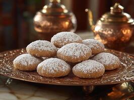 close up arrival of tray filled delectable maamoul cookies beautifully presented in warm golden light showcasing rich textures and patterns ideal for Eid gatherings and family traditions photo