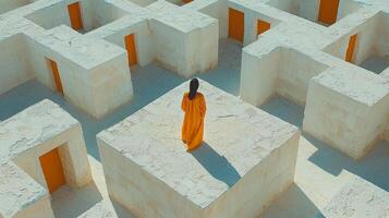 In captivating modern maze pristine white walls person dressed in bold yellow outfit stands center surrounded endless corridors and mesmerizing shadows photo