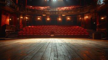 solitary ghost light shines brightly on empty stage casting eerie shadows across worn wooden floor while darkened seats loom ominously in background creating mystical ambiance photo