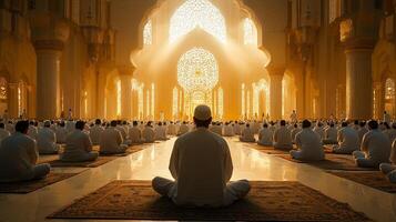 Worshippers gather in grand mosque performing Salah in unison while soft golden light filters through intricate stained glass windows creating serene atmosphere photo