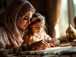 Muslim mother gently guides her daughter in reciting from Quran their fingers tracing beautiful Arabic script. Warm natural light enhances intimate learning experience photo