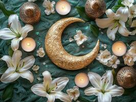 beautifully arranged centerpiece for Eid showcases golden crescent moon surrounded glowing candles and fresh white lilies creating festive atmosphere perfect for celebration of unity photo