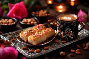 beautifully arranged silver tray displays cup of Arabic coffee alongside delicious maamoul surrounded bowls of nuts and sweets creating festive ambiance for celebration photo