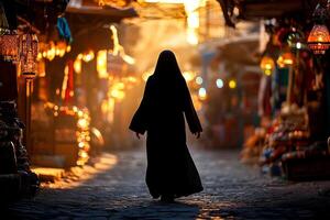 Muslim woman walks gracefully through vibrant marketplace as sunlight filters through wooden archways. cobblestone path reflects golden hues creating festive atmosphere photo