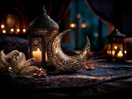 beautifully arranged Eid table centerpiece showcases golden crescent moon ornament surrounded glowing candles and fresh white lilies creating serene atmosphere for celebration photo