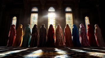 group of women dressed in luxurious Turkish hijabs and modest gowns stands gracefully in palace courtyard photo