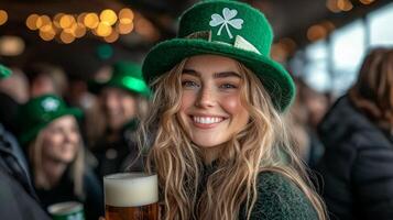 Crowds dressed in green outfits shamrocks celebrate St Patricks Day on lively city street enjoying music and laughter while holding pints of beer amidst festive decorations photo